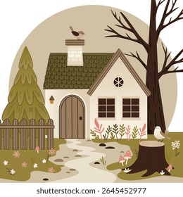 A cozy house surrounded by a tree, pine, stump and flowers. A path leads to the house, and birds sit on the roof and stump. There is a fence in front of the house and a tile roof. The scene is
