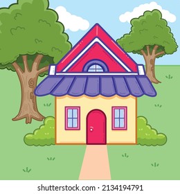 Cozy house with trees under blue sky and green grass vector illustration. Cute and simple with clean lines and color.