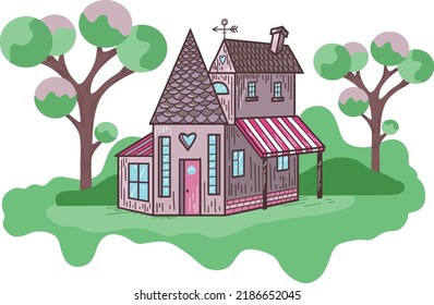 Cozy house vector illustration with trees, bushes and lawn. Cute forest house, children's illustration for prints, cards, decor.
