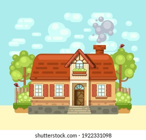 Casa acogedora en el pueblo. Casa de pueblo dibujada al estilo de caricaturas planas. Ilustración del vector