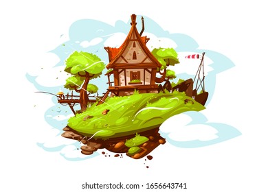 Cozy house in village vector illustration. Country cottage by river flat style design. Man fishing on footbridge. Picturesque landscape with green nature and blue sky