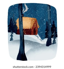 Cozy house in winter forest at night, Watercolor, vector. Clip art element, ready to print. Perfect for invitation, greeting card, poster, banner, decorations