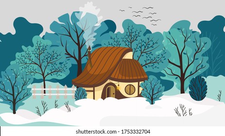 Cozy house in winter landscape, cute cottage in park, vector illustration. Countryside home, forest cabin surrounded by trees. Small cozy cottage, winter nature outdoor, cute house in cartoon style