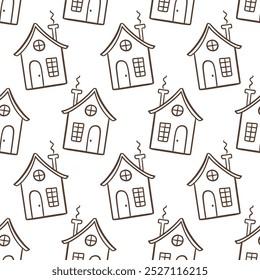 Cozy Houses Autumn Doodle Sketch Icons Seamless Pattern Background. Farm House Winter Design Elements Fabric Print Vector Illustration Tiny Town Vintage Retro Style