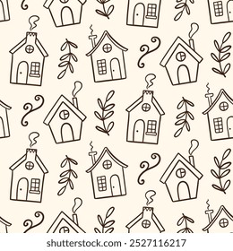 Cozy Houses Autumn Doodle Sketch Icons Seamless Pattern Background. Farm House Winter Design Elements Fabric Print Vector Illustration Tiny Town Vintage Retro Style