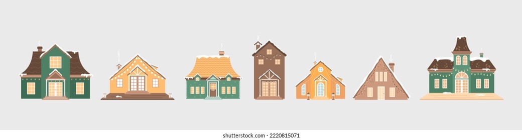 Cozy houses set with snow on roof, smoke from chimney and decorated light bulbs. Winter cityscape elements. Village, suburban, countryside building with patio. Vector illustration with cottage.