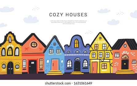 Cozy houses street flat vector banner template