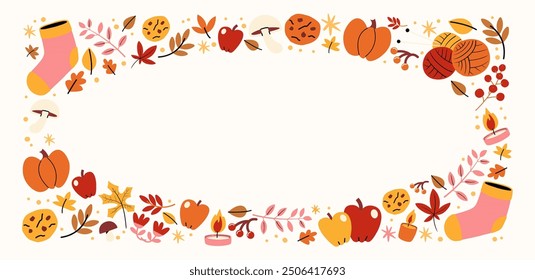 Cozy hygge autumn frames in cartoon style. Fallen leaves, pumpkin, cocoa, fruits, harvest time. Set of doodle groovy vector postcard hand drawn