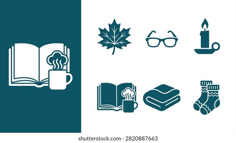 Cozy Hygge and Autumn Reading Vector Icon Set. Flat illustrations of open book with hot mug, maple leaf, eyeglasses, candle, blanket, and socks. Flat vector illustration EPS 10.