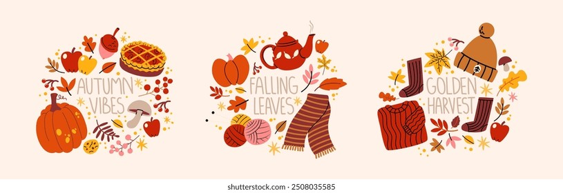 Cozy hygge autumn set in cartoon style. Handwritten autumn lettering. Fallen leaves, hot chocolate, cocoa, sweater, harvest time. Set of doodle groovy vector stickers hand drawn