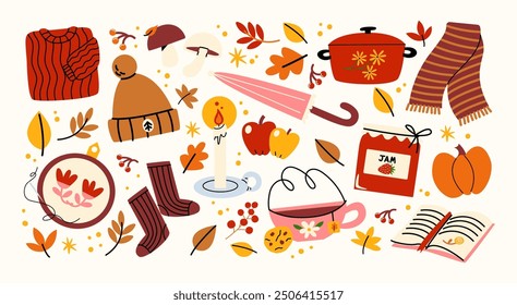 Cozy hygge autumn stickers in cartoon style. Fallen leaves, hot chocolate, cocoa, sweater, harvest time. Set of doodle groovy vector shapes hand drawn