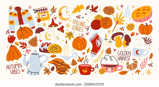 Cozy hygge autumn stickers in cartoon style. Fallen leaves, hot chocolate, cocoa, sweater, harvest time. Set of doodle groovy vector shapes hand drawn