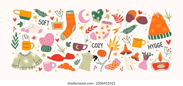 Cozy hygge autumn stickers in cartoon style. Fallen leaves, hot chocolate, cocoa, sweater, harvest time. Set of doodle groovy vector shapes hand drawn