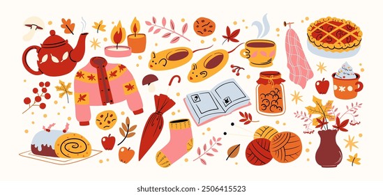 Cozy hygge autumn stickers in cartoon style. Fallen leaves, hot chocolate, cocoa, sweater, harvest time. Set of doodle groovy vector shapes hand drawn