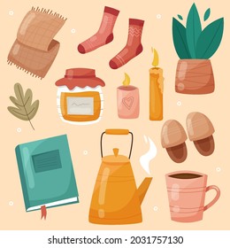 Cozy hygge autumn and winter elements set. Scandinavian cute decorations and stickers. Flat style