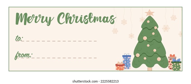 Cozy Hygge Christmas greeting card, gift tag, badge, label. Space for text from and to . Sign for a gift box with  Christmas tree and gifts. Merry Christmas winter card