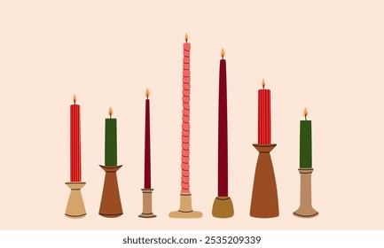 Cozy and hygge decor element concept. Candles with bows. Comfort and coziness. Christmas and New Year.