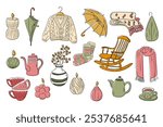 Cozy hygge doodle set with autumn and winter elements like candles, knit sweater, umbrella, rocking chair, tea set, socks, and blankets, evoking warmth and comfort. Vector hand drawn items