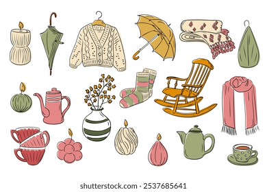 Cozy hygge doodle set with autumn and winter elements like candles, knit sweater, umbrella, rocking chair, tea set, socks, and blankets, evoking warmth and comfort. Vector hand drawn items