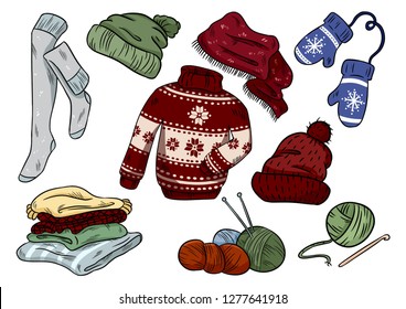Cozy hygge doodles. Cute clothes casual stickers. Plaids, yarn, knitting, cap, hat, sweater, stockings, mittens