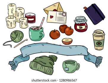 Cozy hygge doodles. Cute stickers for planners and botebooks. Candles, cocoa, cacao, scarf, hat, coffee, knitting, yarn.