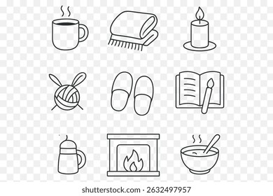 Cozy Hygge Essentials – Minimalist Line Art Icon Set
