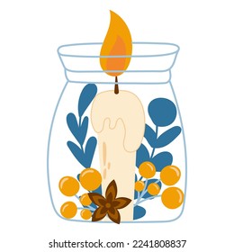 Cozy hygge home element, decorative burning aroma candle in jar with hearbs and berries isolated on white background,  aromatherapy and relaxation time