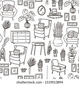 Muebles acogedores y elementos decorativos de casa en estilo impecable. Sillones de estilo doodle dibujados a mano y telón de fondo de las casas. Vector de existencias