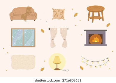 Cozy Hygge Home Interieur Vektorgrafik-Set