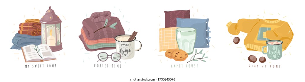 Cozy hygge home several compositions in a cartoon style. White background. Horizontal vector illustration