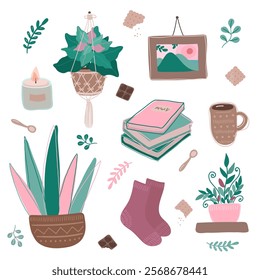 Cozy hygge items set, cute hand drawn collection with home plants, books, cup of warm tea or coffee, painting, candle, socks, cookies, chocolate, spoon, twigs in sea green, pink and brown soft colors.