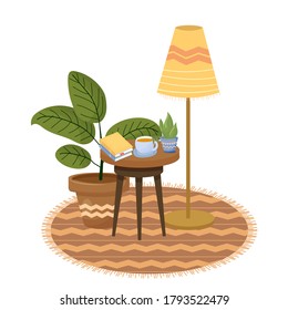 Cozy hygge, Scandinavian composition with round table, lanp, books, tea, flowers in pots isolated on white background stock vector illustration. Comfortable, warm mood.