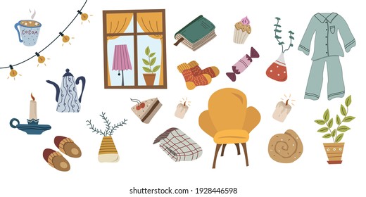 Cozy hygge set of armchair, window, pajamas, home plants, hot cup of cocoa, cinnamon roll, slippers, plaid, socks, muffin, cake, book, candle. Hand drawn doodle vector illustration isolated on white.