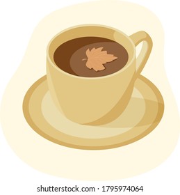 Cozy hygge style. Delicious coffee with a leaf inside a cup. Hot drink on a saucer. Warm autumn mood. Cute flat cartoon vector illustration. Fall vibes. 