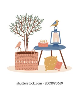 Cozy hygge style Scandinavian composition with round table, lantern, book, candle, birds, tree in pot isolated on white background stock vector illustration. Comfortable, warm summer evening mood.