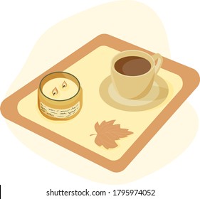 Cozy hygge style. Warm autumn mood. Leaf, candle with two lights and delicious coffee on a tray on a light background. Cute flat cartoon vector illustration. Fall vibes. 