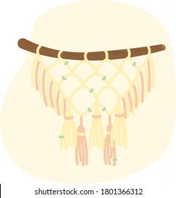 Cozy hygge style. Warm autumn mood. Macrame boho style wall hanger. Textile knitting design element.Simple outline modern indigenous craft.Cute flat cartoon vector illustration.Fall vibes, home design