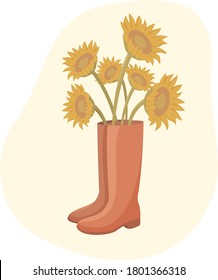 Cozy hygge style. Warm autumn mood. Red rubber boots with sunflowers on a light background. Rainy weather mood. Cute flat cartoon vector illustration. Fall vibes, home design.