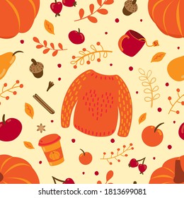 Cozy hygge style. Warm autumn mood. Seamless autumn pattern knitted sweater, pumpkin, fall leaves, acorn, coffee, cinnamon, spices, tea, apple, pear. Autumn vibes, boho, home design, halloween