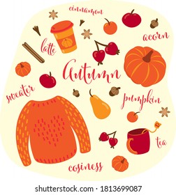 Cozy hygge style. Warm autumn mood. Knitted sweater, pumpkin, tea, pumpkin latte, cinnamon, apple, acorn, pear, clove, spices. Coffee to go mug. Lettering "autumn, cozy, tea". Fall vibes, boho.