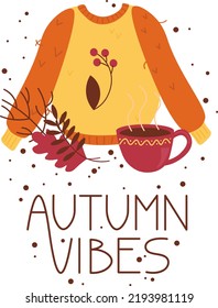 Cozy hygge style. Warm autumn mood. knitted sweater, fall leaves, coffee, tea. Autumn vibes, boho, home design