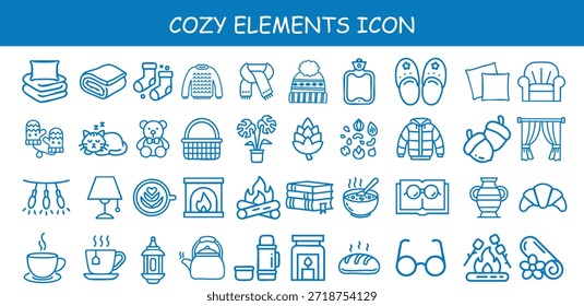 Acogedor conjunto de iconos de Elementos de invierno hygge con Ilustraciones vectoriales planas de un suéter cálido, chimenea, cacao caliente y decoración festiva. Elementos minimalistas de estilo de vida para saludos de temporada y decoración del hogar.