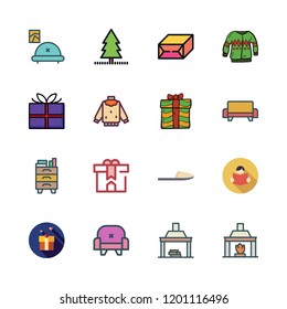 cozy icon set. vector set about fireplace, gift, armchair and nightstand icons set.