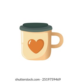 Cozy illustration of a beige mug with a heart, perfect for coffee, tea, or warm autumn drinks