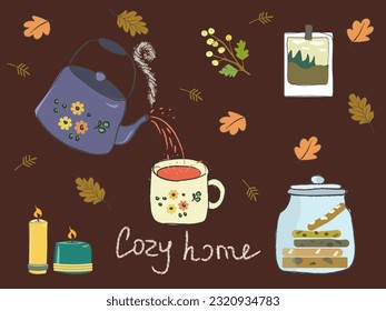 Cozy illustration, Comfort and warmth, tea drinking, time to drink tea in the fall, twice for comfort, cookies in a jar, tea time