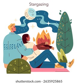 A cozy illustration of a couple stargazing by a warm campfire, surrounded by tall trees enhancing their evening