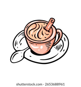A cozy illustration of a creamy drink in a charming pink cup, perfect for warmth during chilly times