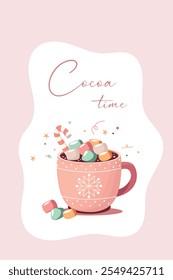 Cozy illustration, cup of hot cocoa-hot chocolate, marshmallows, candy cane. Greeting card of a cozy time.