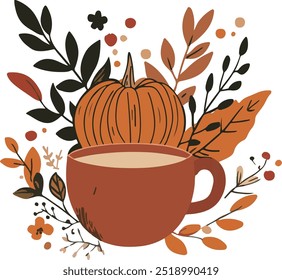 A cozy illustration featuring a warm cup of coffee surrounded by autumnal elements like leaves, branches, and a pumpkin. 