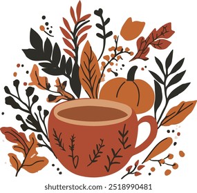 A cozy illustration featuring a warm cup of coffee surrounded by autumnal elements like leaves, branches, and a pumpkin. 